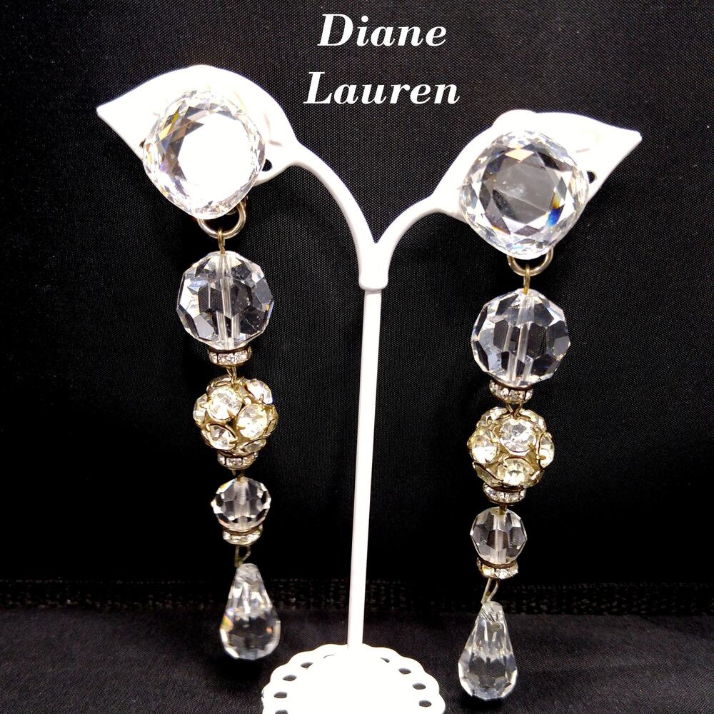 Vintage Diane Lauren Long Crystal Drop Earrings 1980s Clip On Runway Signed